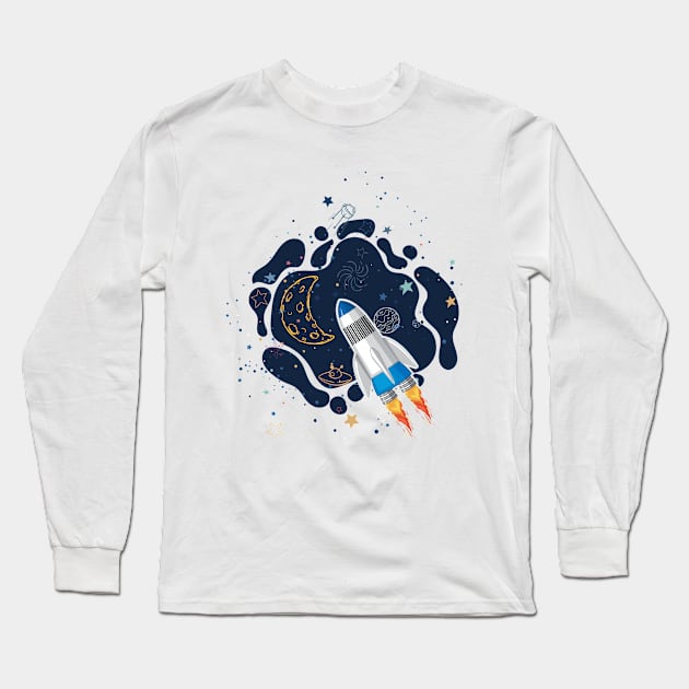 Retro Vintage Space with Rocket, Space Travel, Spacetime, Floating in space, space night, space art Long Sleeve T-Shirt by ShirtyArt